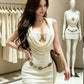 Sexy 2-Piece Set Women Sequin Sun Metal Decoration Tank Tops+Hooded Swing Collar See Through Dress Summer Streetwear
