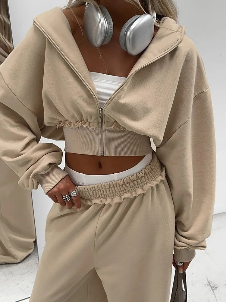 Casual 2Piece Set Women Tracksuit Sporty Zip Patchwork Hooded Crop Jacket+Straight Pants Matching Streetwear Outfits