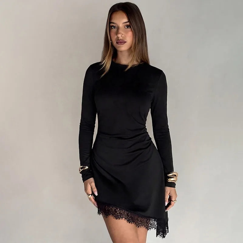 Long Sleeve Mini Dress with Asymmetric Lace Hem Fall 2026 Fashion Black Dresses Woman Elegant