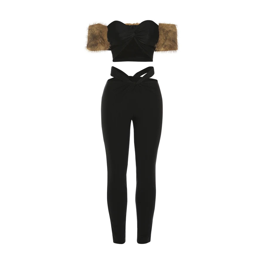 Wild Women 2 Piece Set Hollow Tracksuit Slash Neck Fur Patchwork Tops+High Waist Leggings Matching Hottie Streetwear
