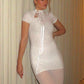 Jacquard Shirring Dress Women See Through Sexy Elegant Chic Y2K Shorts Sleeve Peach Hip Simple Fashion Mini Bodycon