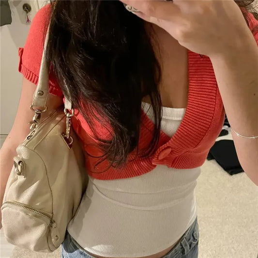 Y2K Women Cropped Knit Cardigan Deep V Neck Single Button Short Sleeve Ribbed Slim Summer Going Out Street Shrug Top