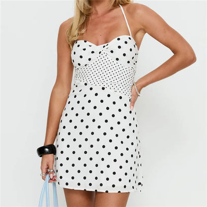 Women White Polka Dot Halter Mini Dress Sweetheart Neck Smocked Waist A Line Dress Sleeveless Tie Back Party Club Outfit
