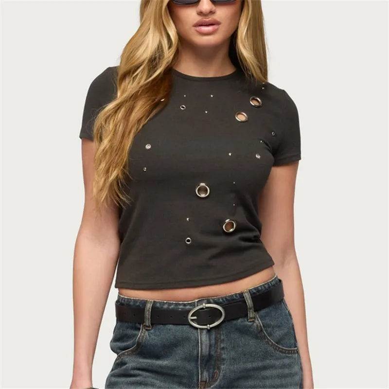 Womens Grommet Crop Top Short Sleeve Crew Neck Studded Tee Shirt Dark Grey Metal Embellished Cotton Blend Streetwear Top
