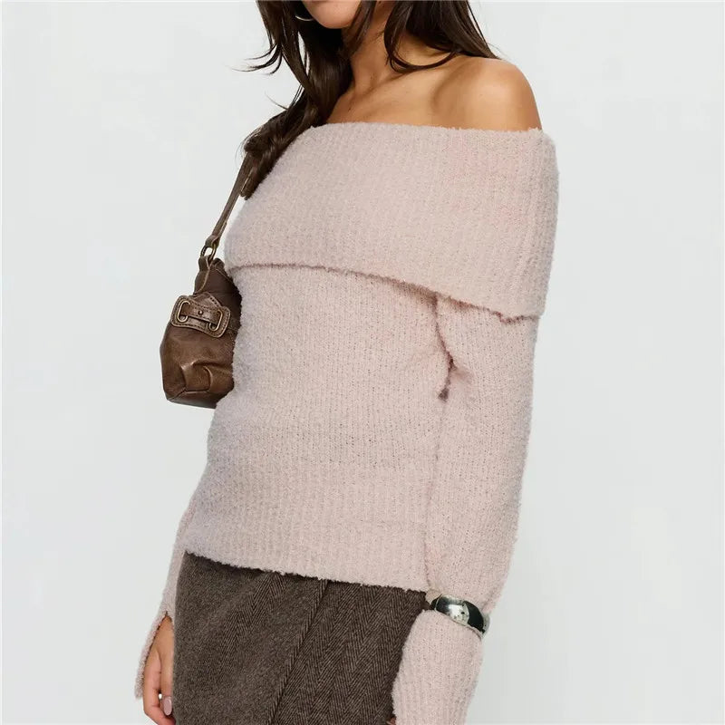 Womens Off The Shoulder Sweater Y2K Oversized Long Sleeve Slouchy Knitted Loose Pullover Sweaters Tops Streetwear