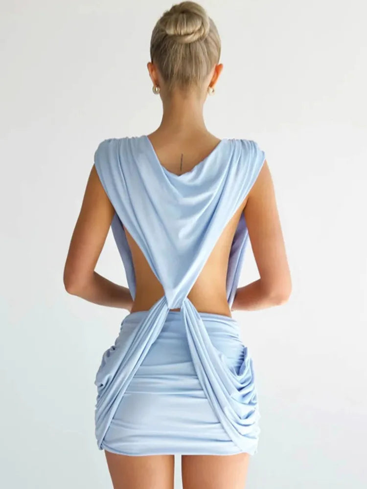 Deep V Neck Sleeveless Sexy Mini Dress Women Elegant Hollow Out Backless High Waist Ruched Skinny Club Party Dresses