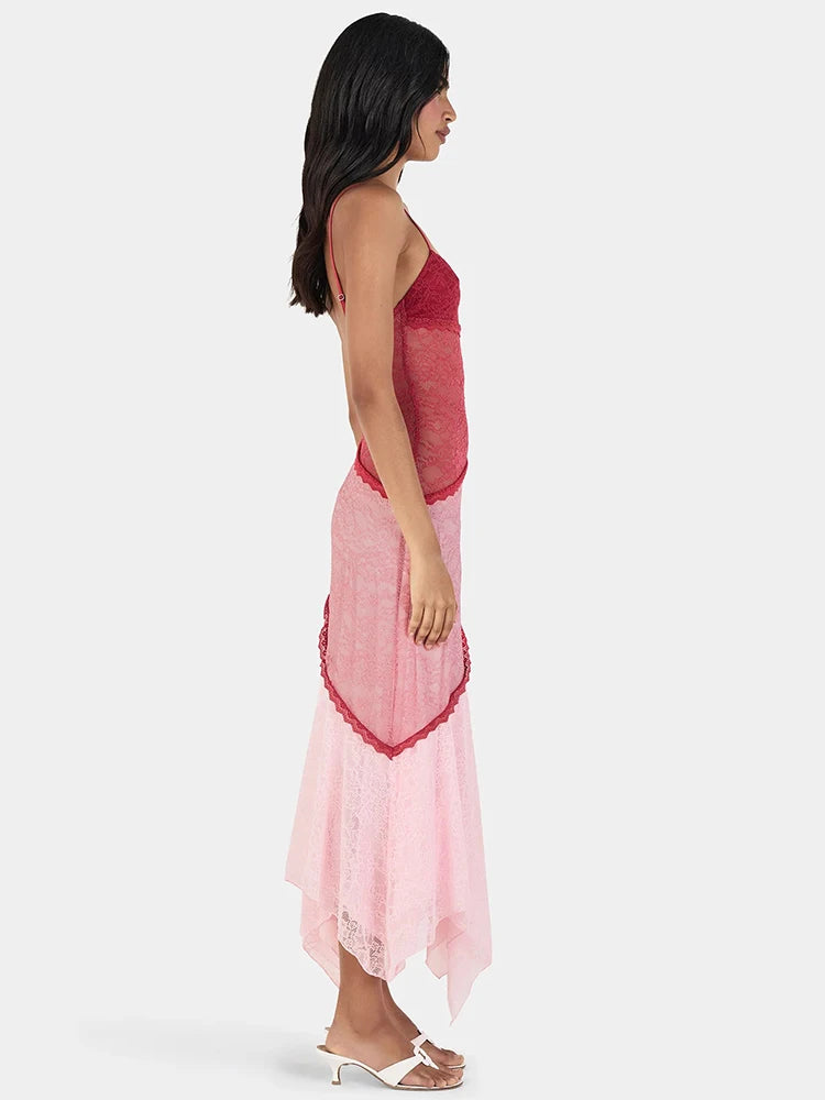 Women Color Block Lace Sexy Midi Dress Spaghetti Strap Sleeveless Asymmetrical Hanky Hem Party Beach Vacation Dresses
