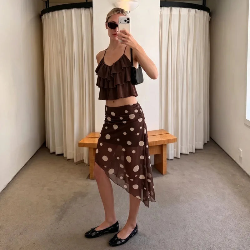 Polka Dot Print Mesh Sheer Brown Black Skirts for Woman Low Rise Asymmetrical Midi Skirt Y2k Clothes