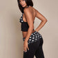 Trend Hottie 2 Piece Set Women Polka Dot Print Patchwork Halter Backless Vest+Ruched Capri Pants Fashion Streetwear