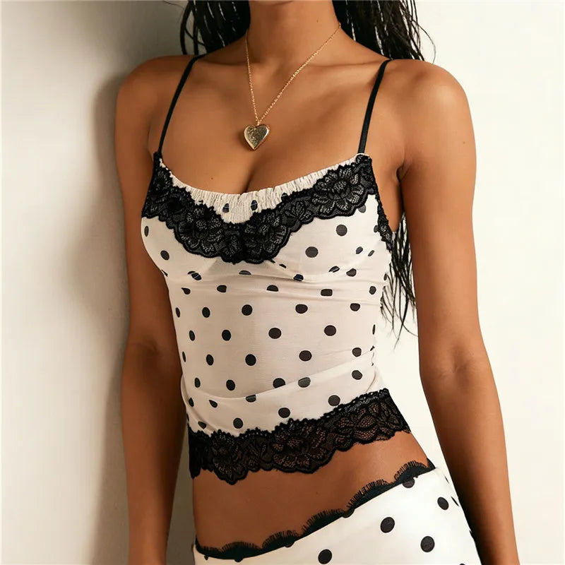 Women's Summer Slim Camisole Lace Patchwork Y2K Polka Dot Print Spaghetti Strap Mesh Tank Tops Streetwear