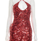 Sequins Halter Glitter Dress Women Y2K Sexy Low-Neck Sleeveless Bandage Coquette Midnight Party Club Skinny Bodycon