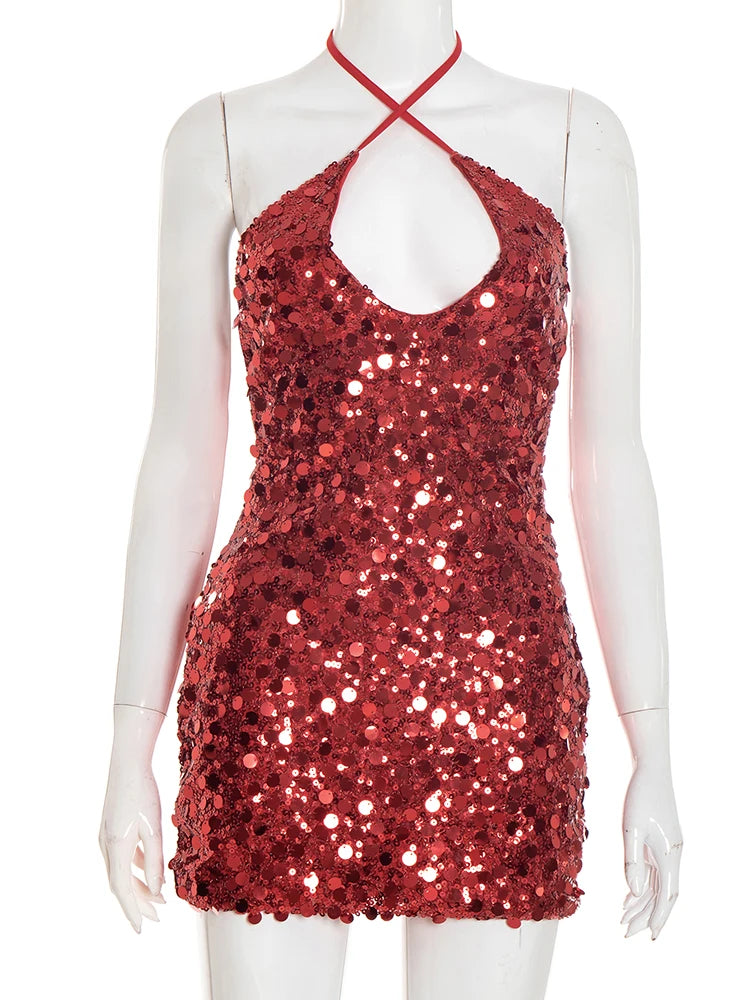 Sequins Halter Glitter Dress Women Y2K Sexy Low-Neck Sleeveless Bandage Coquette Midnight Party Club Skinny Bodycon