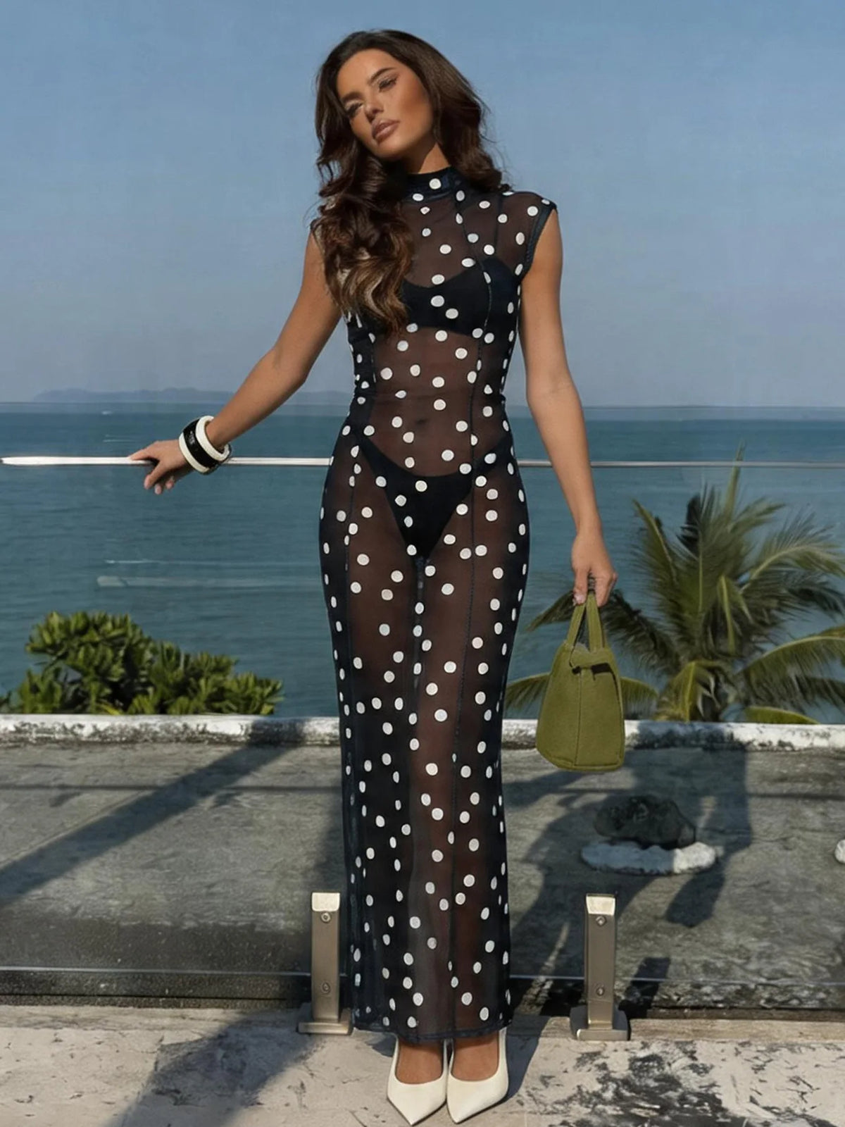 Black and White Polka Dot Print Mesh Sheer Sleeveless Maxi Dress Vintage Summer Dresses 2026 Woman Clothing