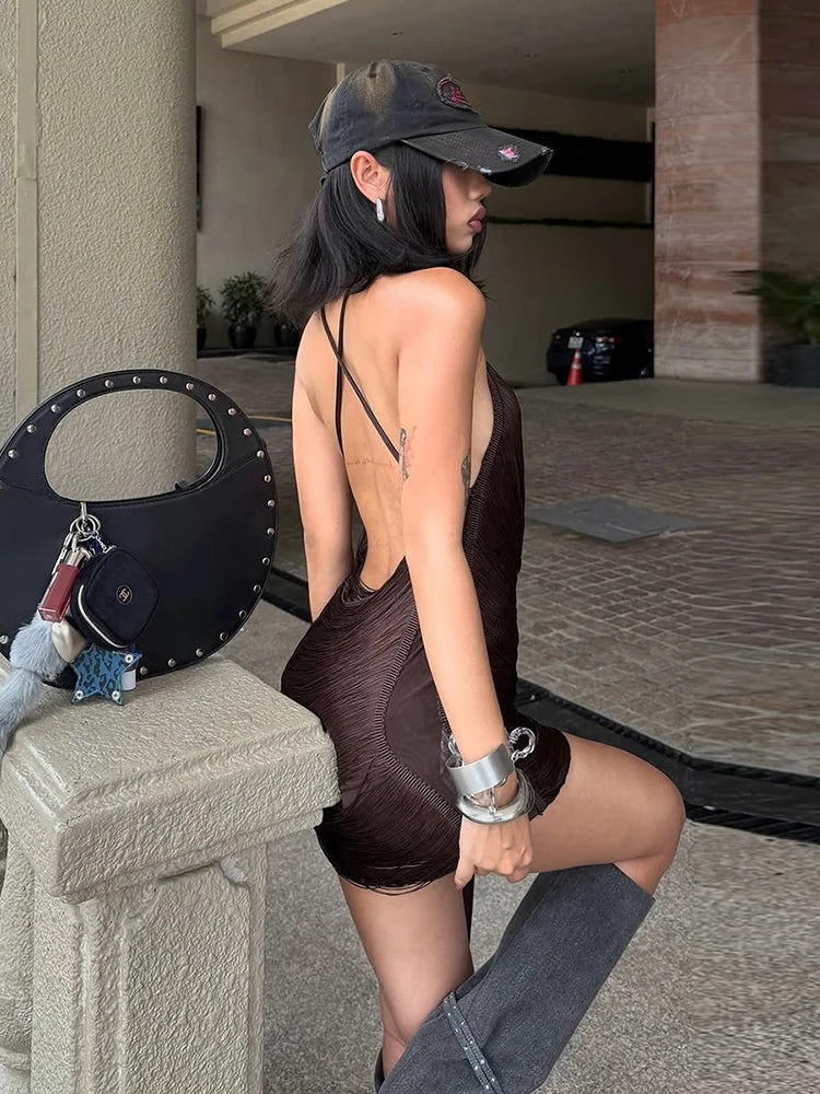 Chic Tassel Swing Collar Dress Women Sexy Halter Backless Sleeveless Skinny Midnight Street Club Basic Wild Mini Bodycon