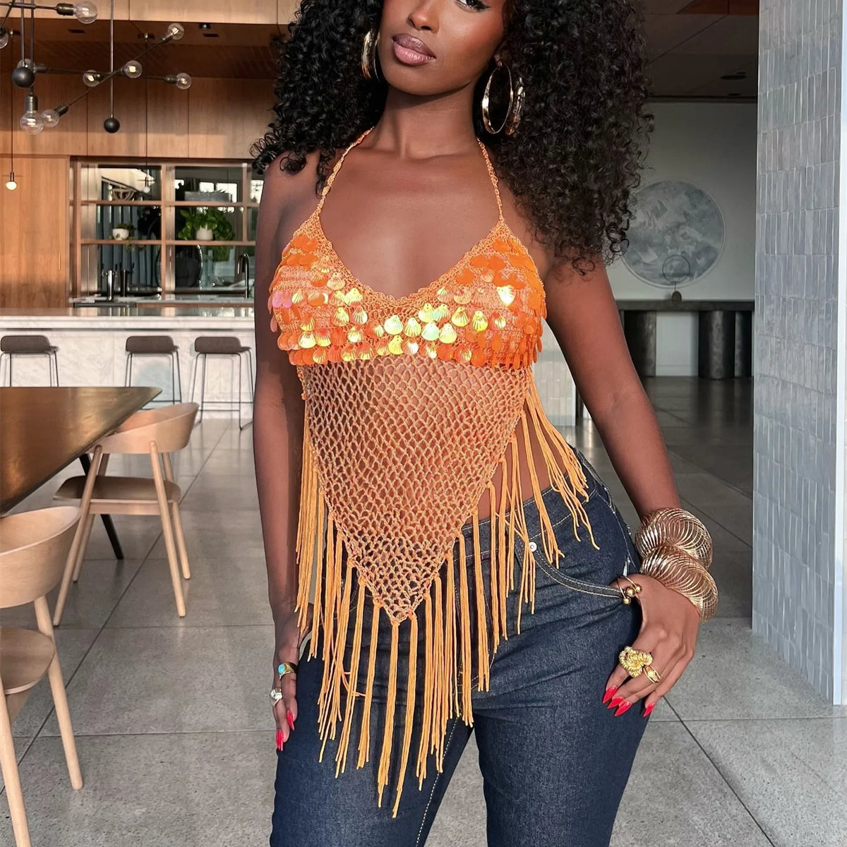 Sequin Shell Decor Hollowed Backless Camisoles with Triangle Tassels Womens Summer Lace-up Halter Neck Knit Vest Beach