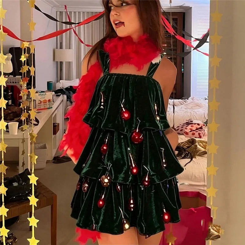Women Christmas Tree Cosplay Dress Velvet Sleeveless Tiered Cake Mini Dress With Baubles Xmas Party Festival Costume