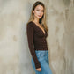 Deep V Neck Ruched Long Sleeve Tops Fall 2026 Fashion Brown Fitted T Shirts Woman Clothing