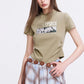 Women's Green Slim T-Shirt with Portrait Graphic Print, Y2K Ruched Short Sleeve Tee for Summer, Chic Aesthetic Crop Top