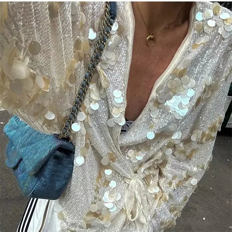 Women Sequin Cardigan Shirt Sparkly Long Sleeve Tie Open Front Shirts White V Neck Cardigans Top Going Out Streetwear