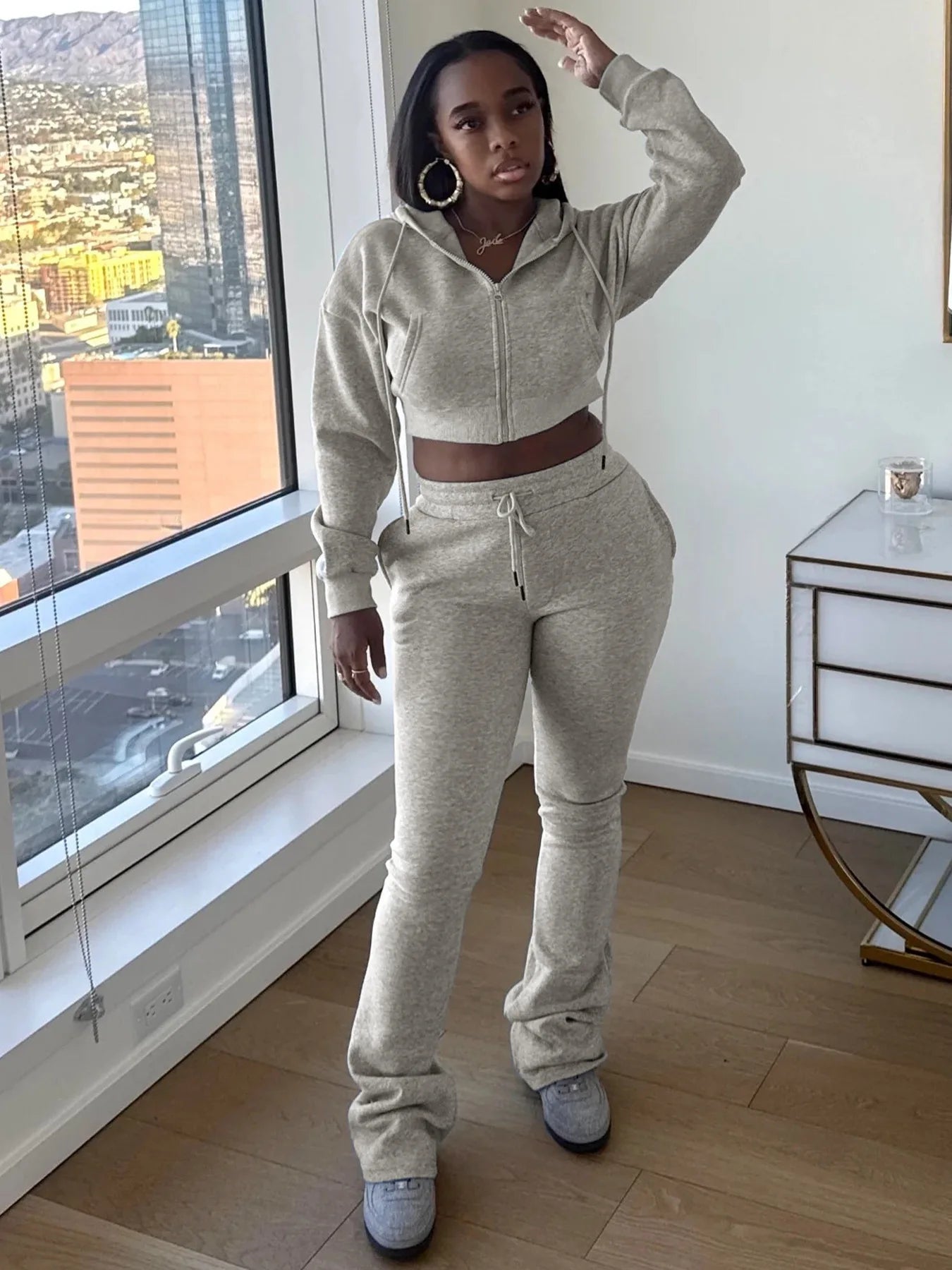 Casual Simple Women 2 Piece Set Pocket Hooded Zip Crop Jacket+Pants Sporty Matching Streetwear Skinny Basic Outfits