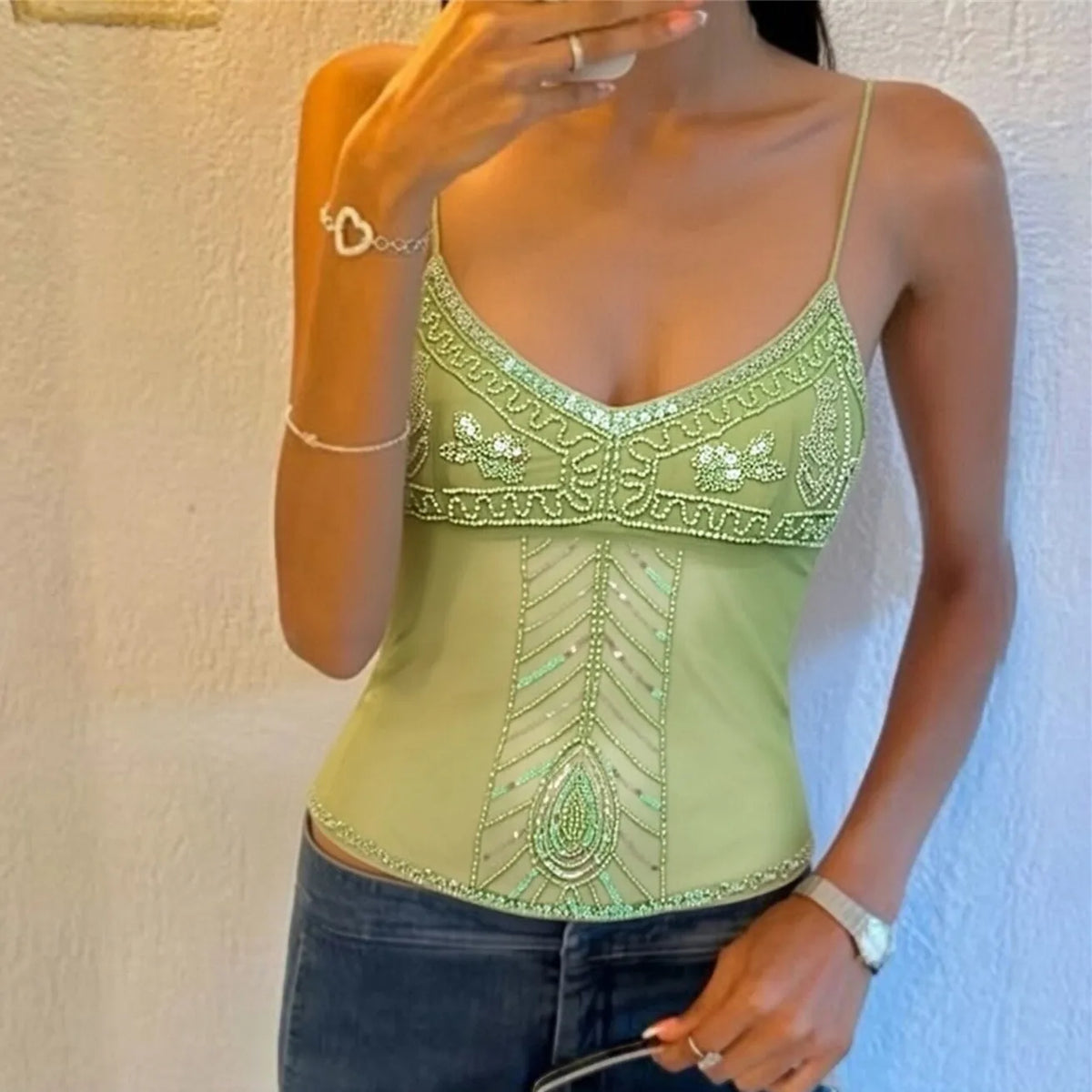 Sexy Women Sequin Beaded Mesh Cami Top Spaghetti Strap V Neck Fitted Sheer Camisole for Nightclub Party Festival Outfits
