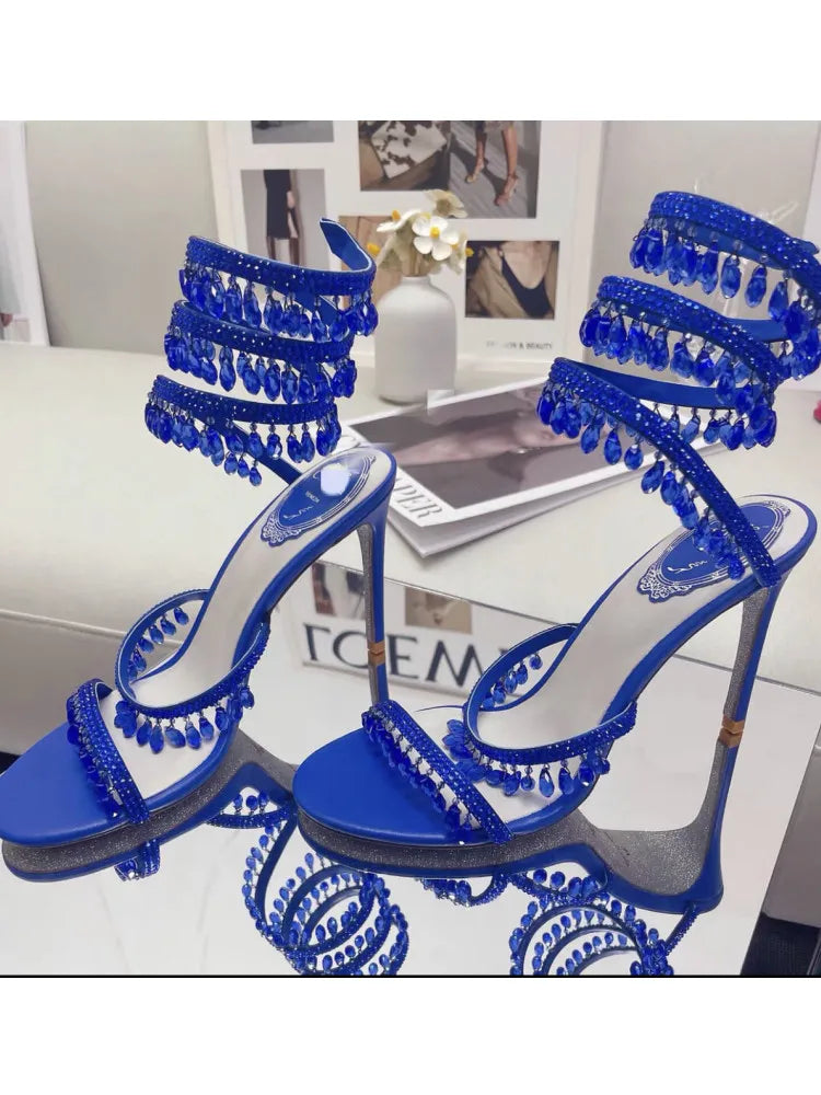 Women's New Water Diamond Sandals Fashion Tassel Crystal Shoes Sexy Banquet Party Twin Stiletto Women's Large Sandals