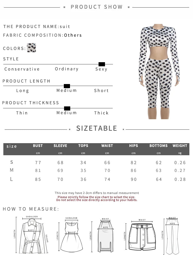 Polka Dot Print 2 Piece Set Women Trend O-Neck Full Sleeve Crop T-Shirt+Capri Pants Fashion Chic Street Sport Suits