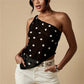 Women Y2K Polka Dot Mesh Top One Shoulder Asymmetric Hem Sheer See-Through Chiffon Halter Top Going Out Streetwear