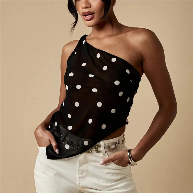 Women Y2K Polka Dot Mesh Top One Shoulder Asymmetric Hem Sheer See-Through Chiffon Halter Top Going Out Streetwear
