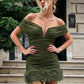 Sexy Furs Patchwork Dress Women Fashion Slash Neck Ruched Peach Buttocks Elegant Chic Evening Party Club Mini Bodycon