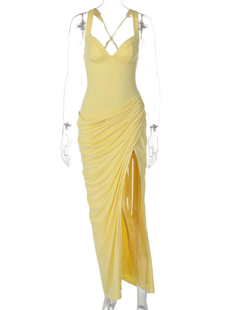 Women Sexy Maxi Dress Sleeveless Sweetheart Neck High Split Draped Ruched Long Party Dress Formal Wedding Guest Dress