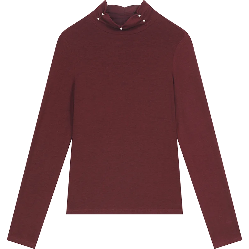 2025 Winter New Arrivals Y2K Solid High Neck Pearl Fit Long Sleeve Tshirt For Women