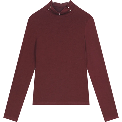 2025 Winter New Arrivals Y2K Solid High Neck Pearl Fit Long Sleeve Tshirt For Women
