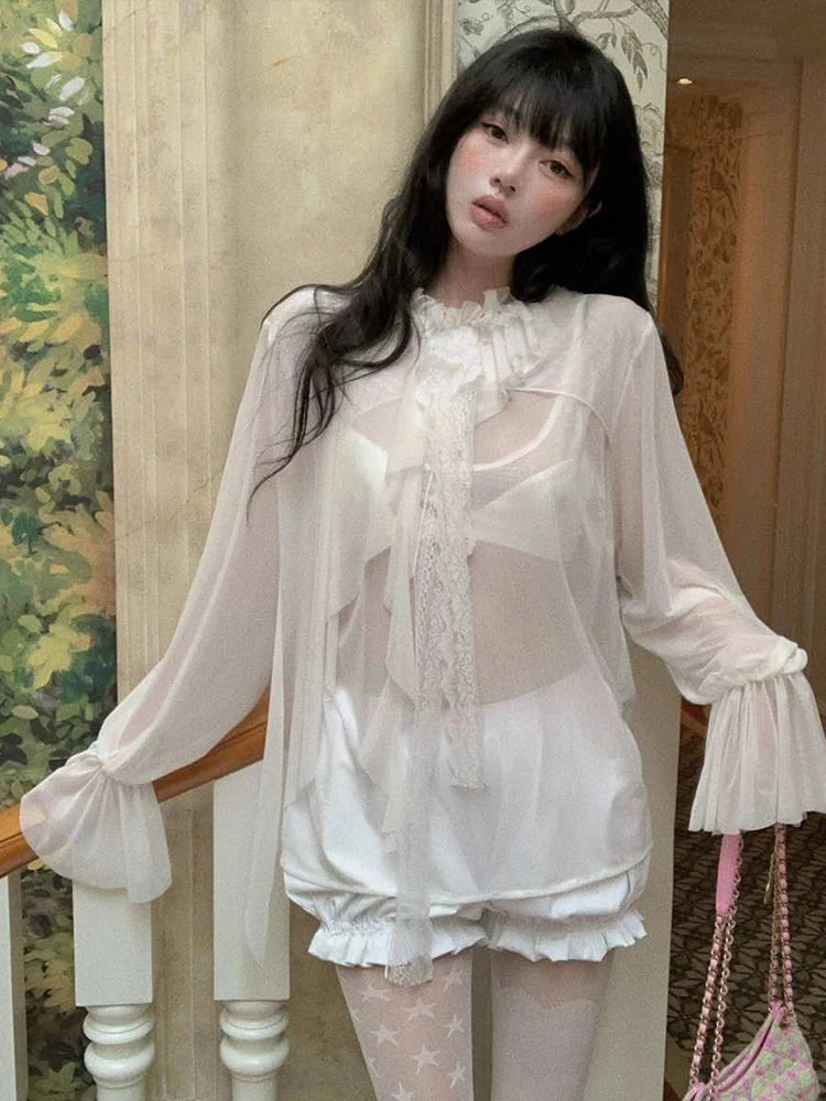 Sexy Mesh Coquette Top Women Lace Ribbon Backless Button Ruffles Pure Desire Wild Solid Street Midnight Clubwear Tees