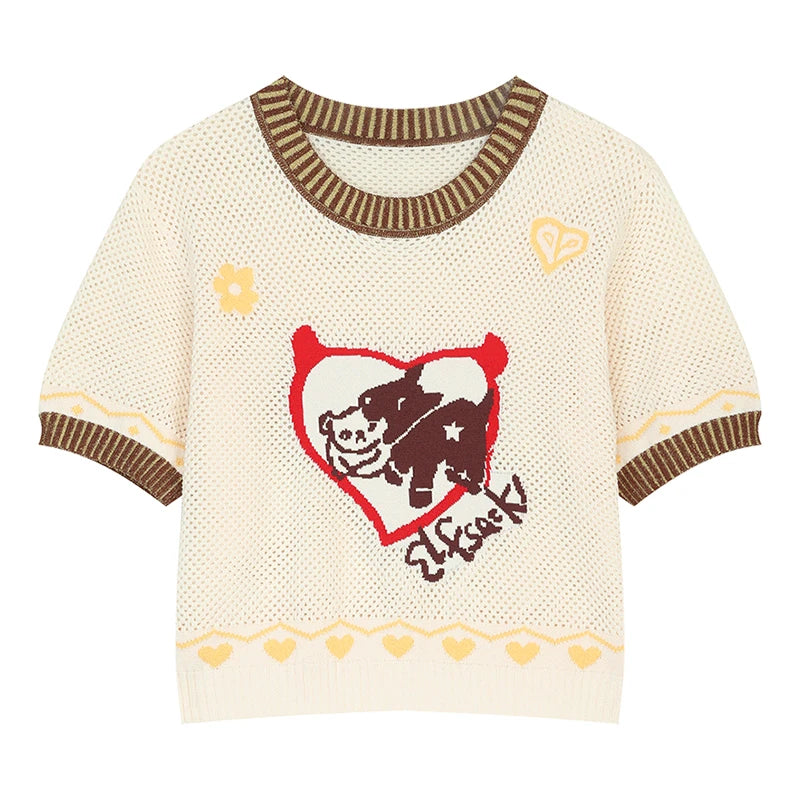 Women's Crochet Knitwear with Heart Animal Pattern, Short Sleeve Color Block Trim Top, Casual Retro Tee for Summer