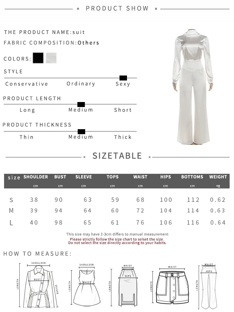 Smooth Office 2-Piece Set Women Satin Lace-Up Pile Collar T-shirt+Zip High Waist Straight Pants Commute Elegant Outfits