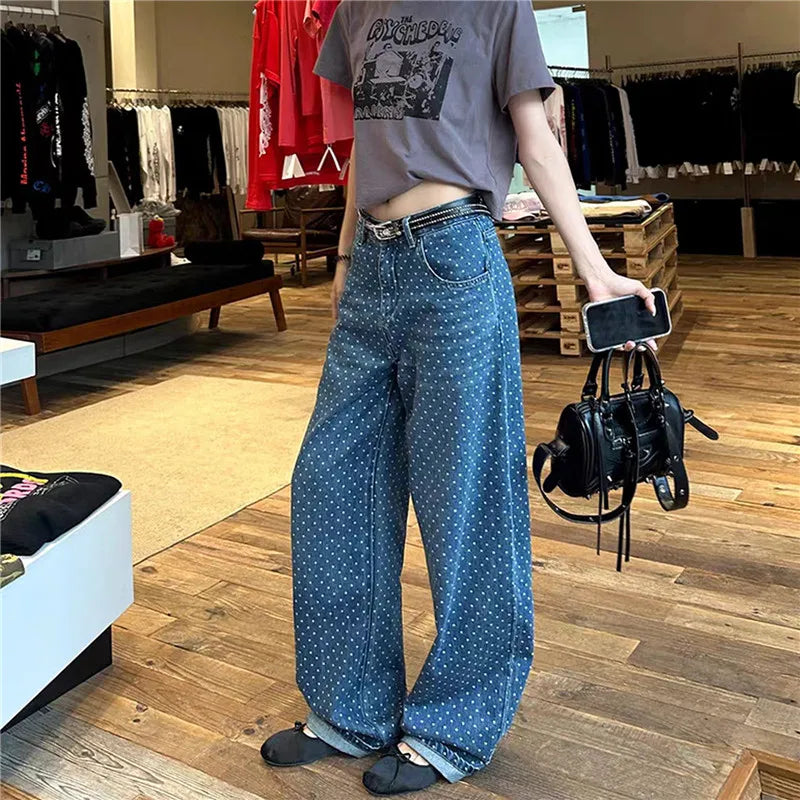 Y2K Polka Dot Jeans Women Vintage Stretch Wide Leg Denim Pants Casual Distressed Baggy Boyfriend Jeans with Pockets