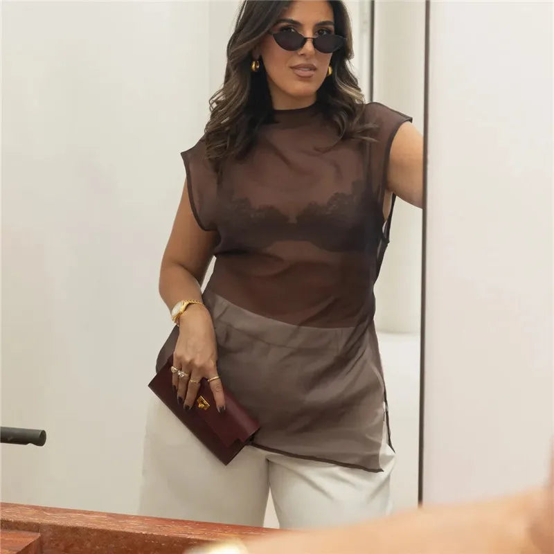 Womens Sheer Organza Halter Tank Tops Summer High Neck Sleeveless Mesh Vest Alluring See Through Going Out Tops Cover Up