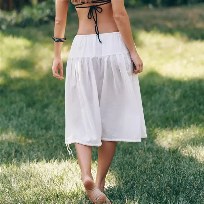 Women Loose Boho Capri Harem Pants Elastic Waistband Drawstring Pleated Adjustable Hem Tie Casual Summer Beach Culottes