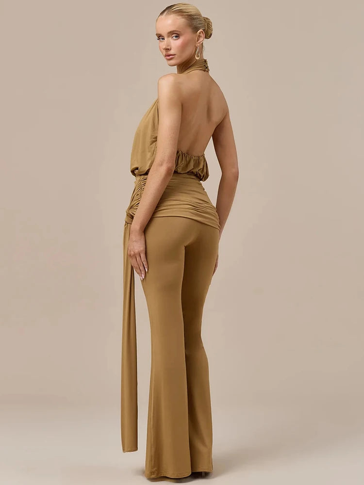 Halter Deep V Neck Sexy Jumpsuit Women Elegant Sleeveless Backless Draped Ruched Waist Skinny Club Party Dresses