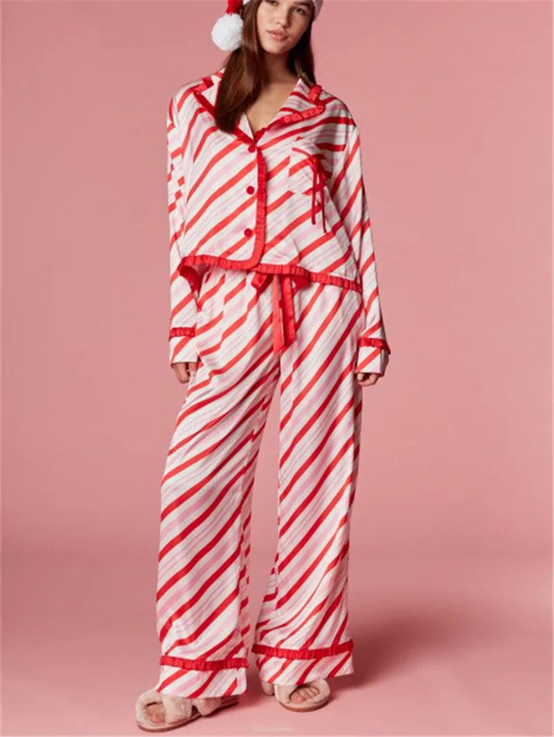 Holiday Xmas Stripe Satin Pyjama Set Ruffle Edge Collar Long Sleeve Cropped Shirt Drawstring Pant Festive Sleep Outfit