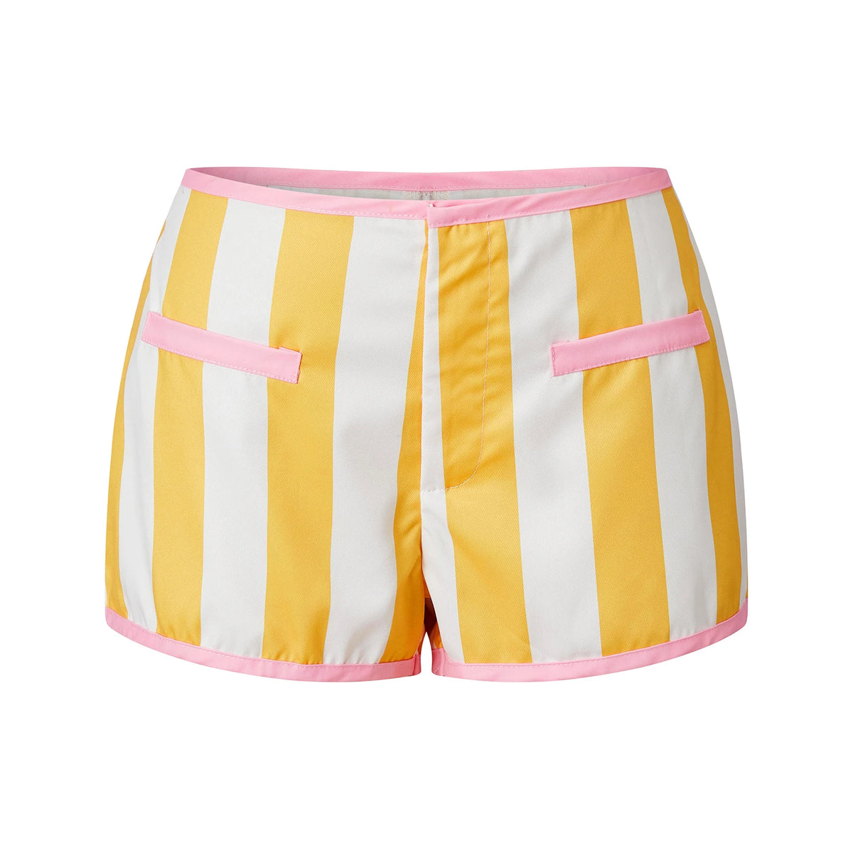 Retro Y2K Women Vertical Striped Low Rise Hot Pants Contrast Color Edge Fake Pockets Front Zip Slim Fit Mini Shorts