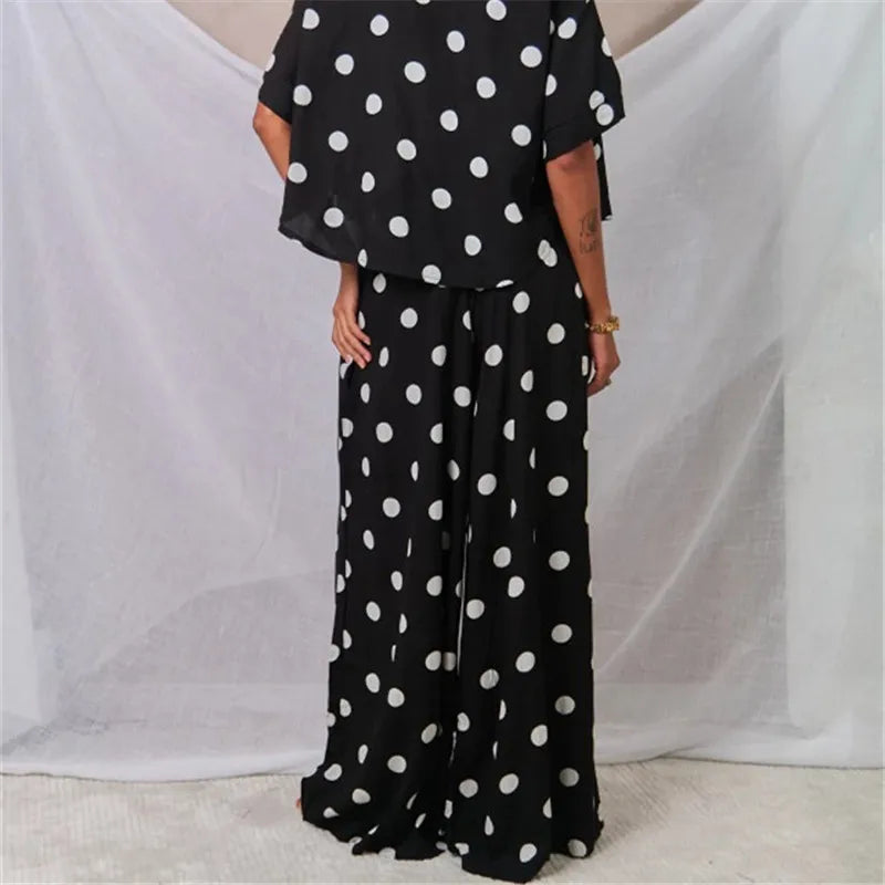 Women Polka Dot Wide Leg Pants Elastic Waist Drawstring Palazzo Pants with Pockets Casual Beach Vacation Summer Trousers