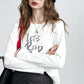 Women's Long Sleeve White T-Shirt with Letter Print, Casual Round Neck Graphic Tee for Everyday, Basic White Top
