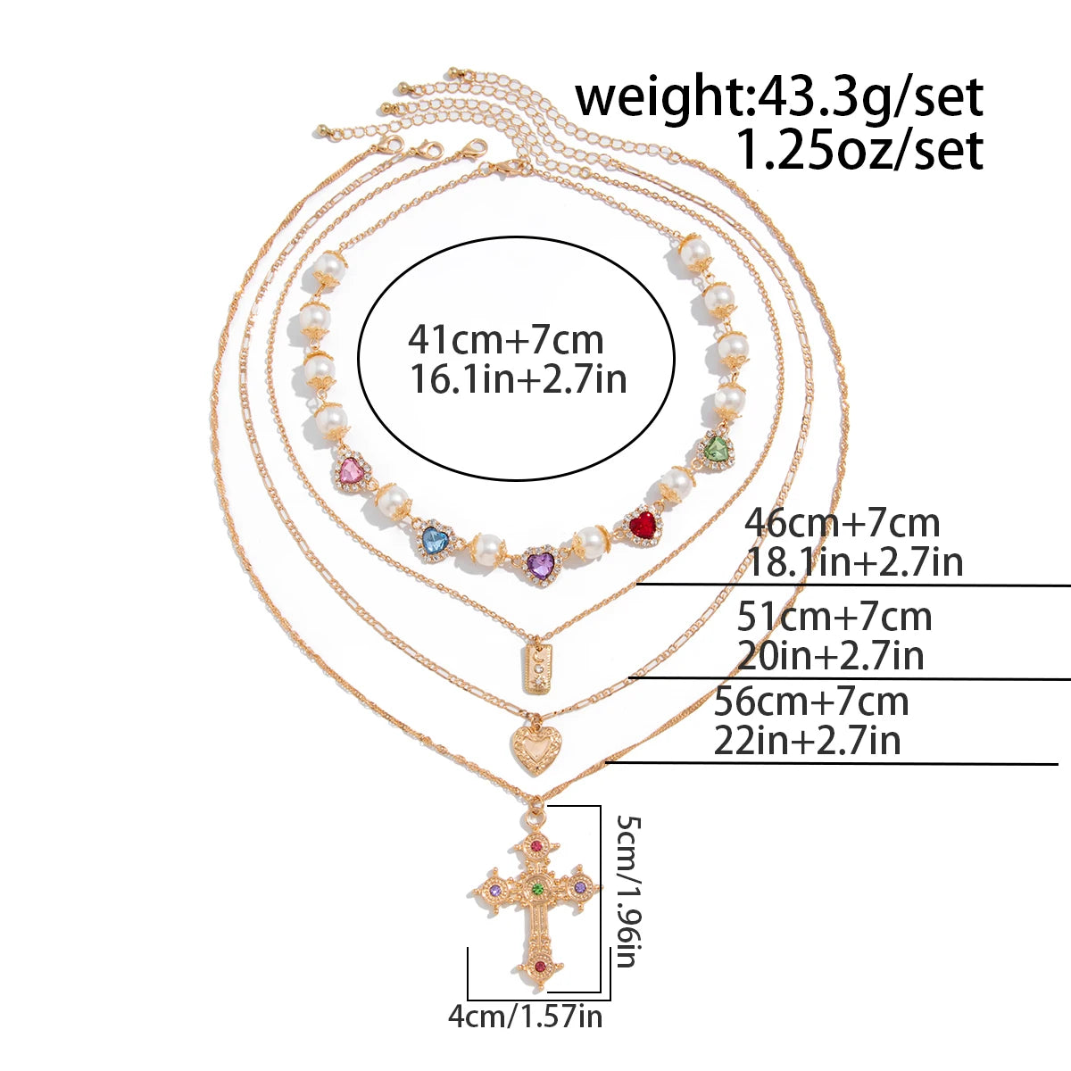 Multilayer Rhinestone Love Heart Imitation Pearl Chain Necklace Women Creative Jesus Cross Pendant Choker Y2K Jewelry