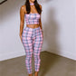 Plaid Patchwork 2 Piece Set Woman Summer Trend Halter Backless Sleeveless Crop Tops+Skinny Long Pants Fashion Suits