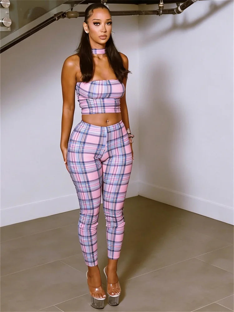 Plaid Patchwork 2 Piece Set Woman Summer Trend Halter Backless Sleeveless Crop Tops+Skinny Long Pants Fashion Suits