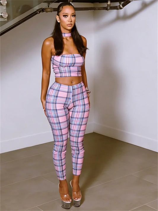 Plaid Patchwork 2 Piece Set Woman Summer Trend Halter Backless Sleeveless Crop Tops+Skinny Long Pants Fashion Suits