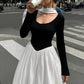 Patchwork Long Sleeve Sexy Maxi Dress Women Fashion Autumn Winter Contrast Color O Neck Pleated Club Party Long Dresses