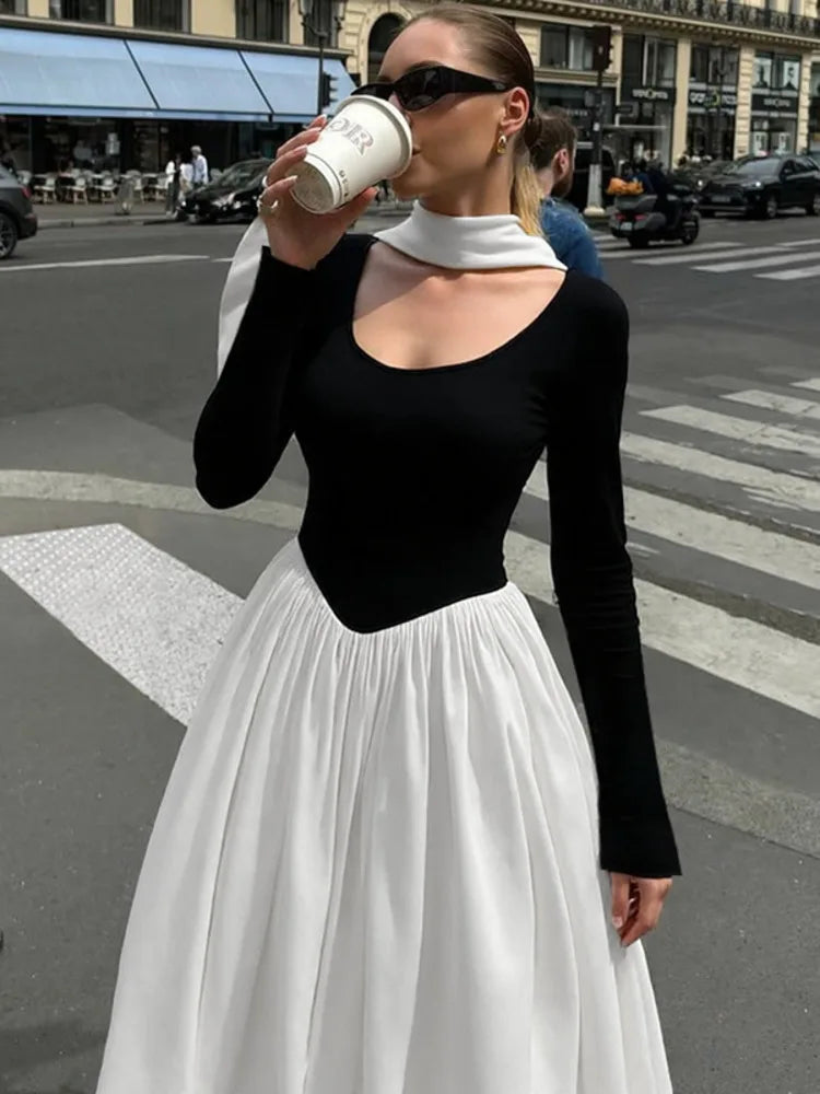 Patchwork Long Sleeve Sexy Maxi Dress Women Fashion Autumn Winter Contrast Color O Neck Pleated Club Party Long Dresses